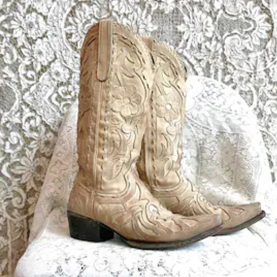 Lane Robin Inlay Cowboy Boots In Bone Sz 7